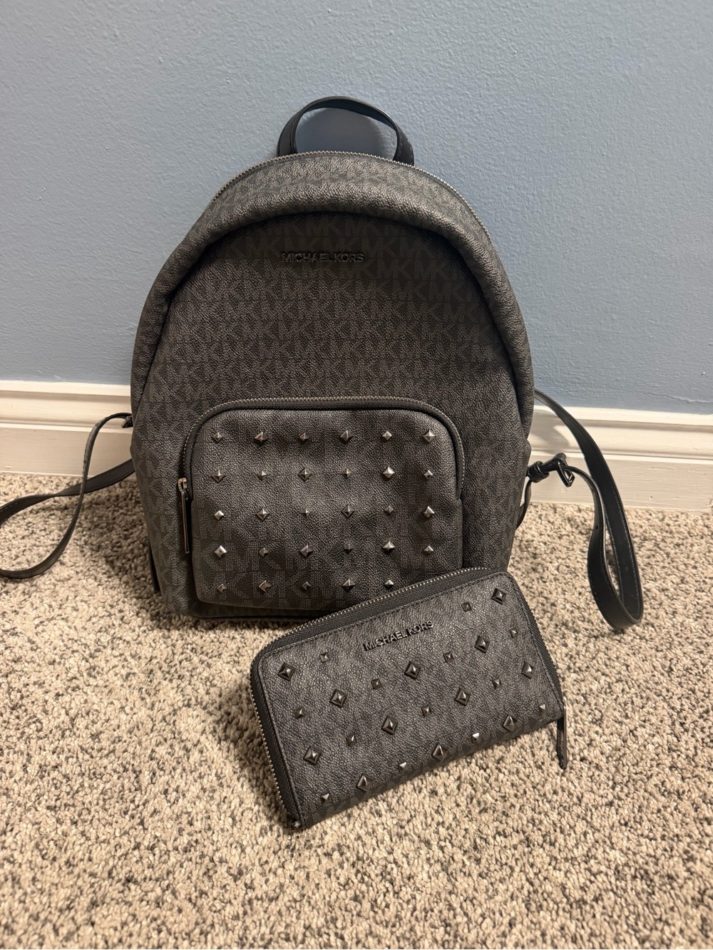 Michael Kors Black Studded Backpack and Zip Wallet Set
